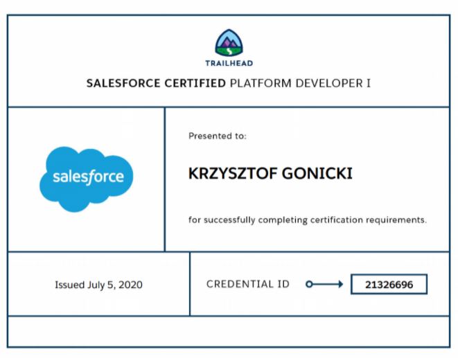 The Salesforce Platform Developer I certification of Krzysztof Gonicki